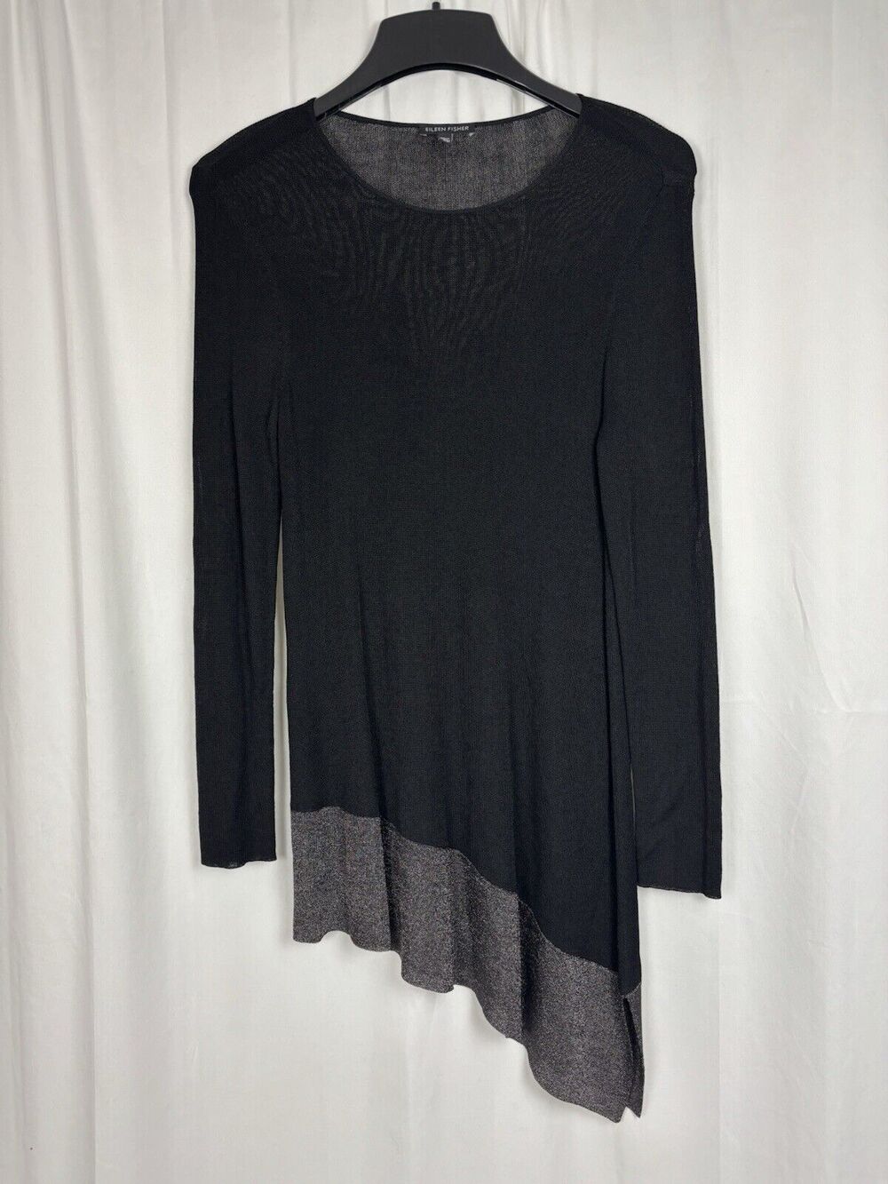 Eileen Fisher Tunic Top Asymmetric Hem Black Metallic Silver Sheer Knit S